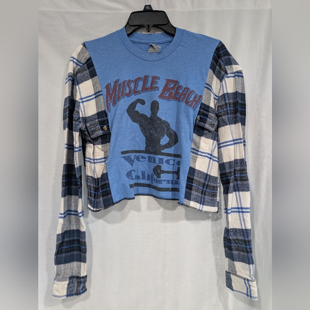 Muscle Beach California Upcycled Flannel Mash-Up Top One-of-a-Kind Reworked